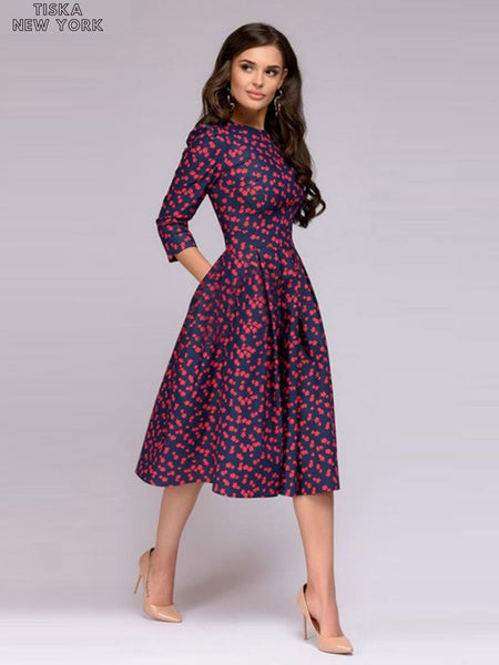 woman wearing navy blue knee length vintage dress-2