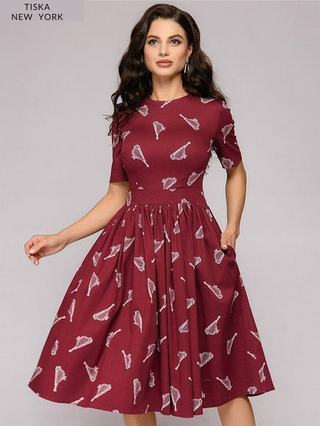 Elegant Wine Red Printed Dress