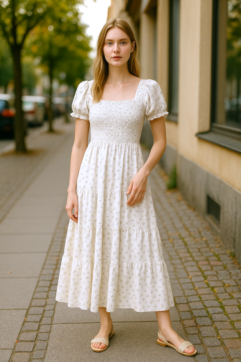 Floral Smocked Short Puff Sleeve Maxi Dress