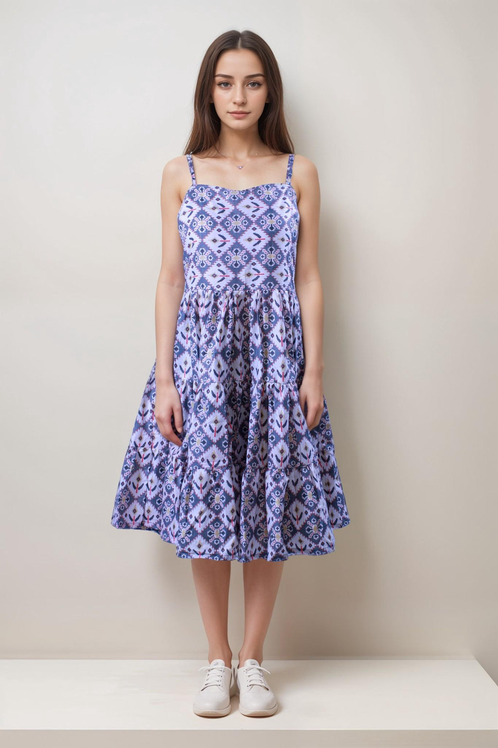 Grey Patterned Cotton Flare Dress