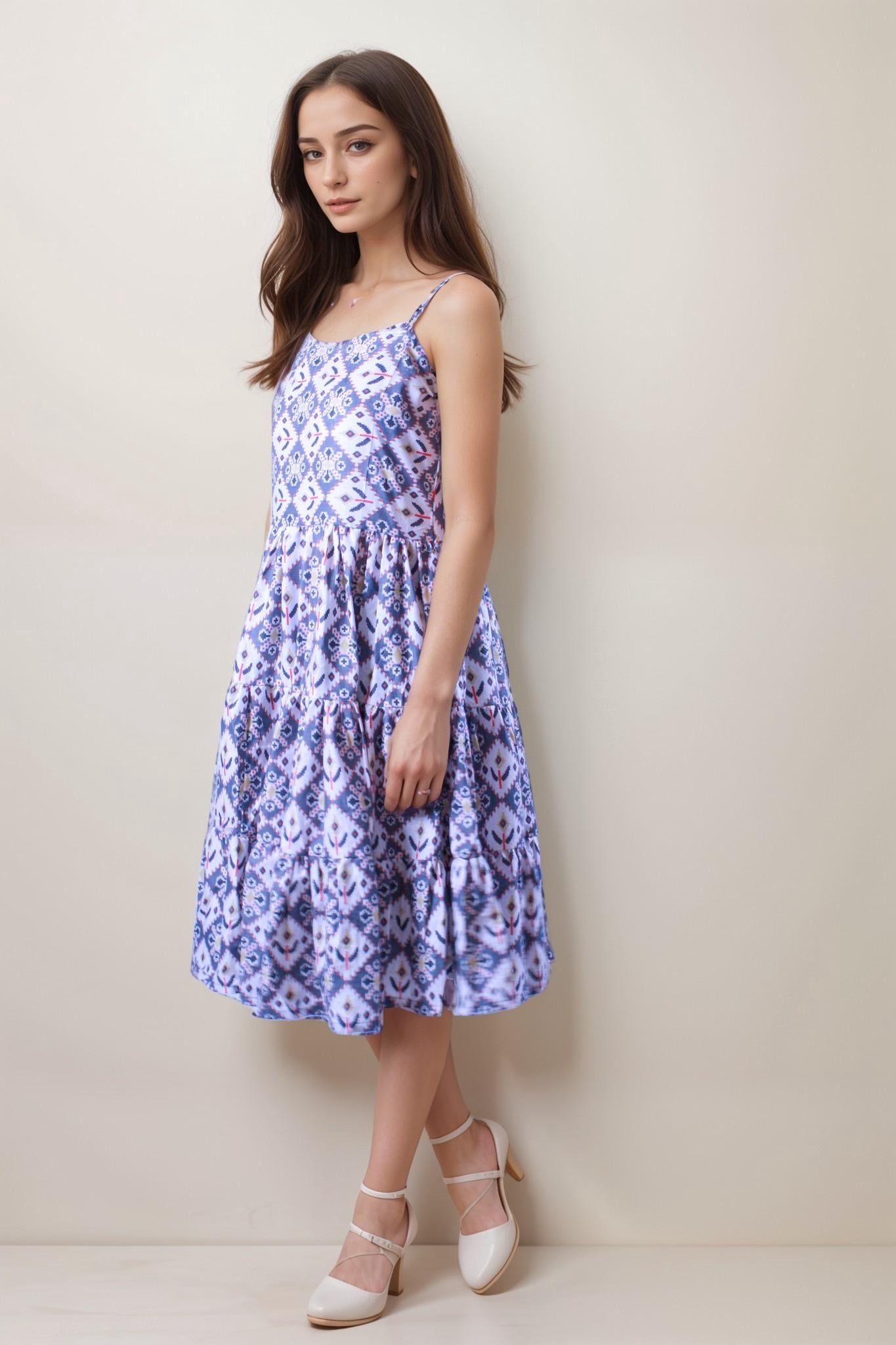 Grey Patterned Cotton Flare Dress