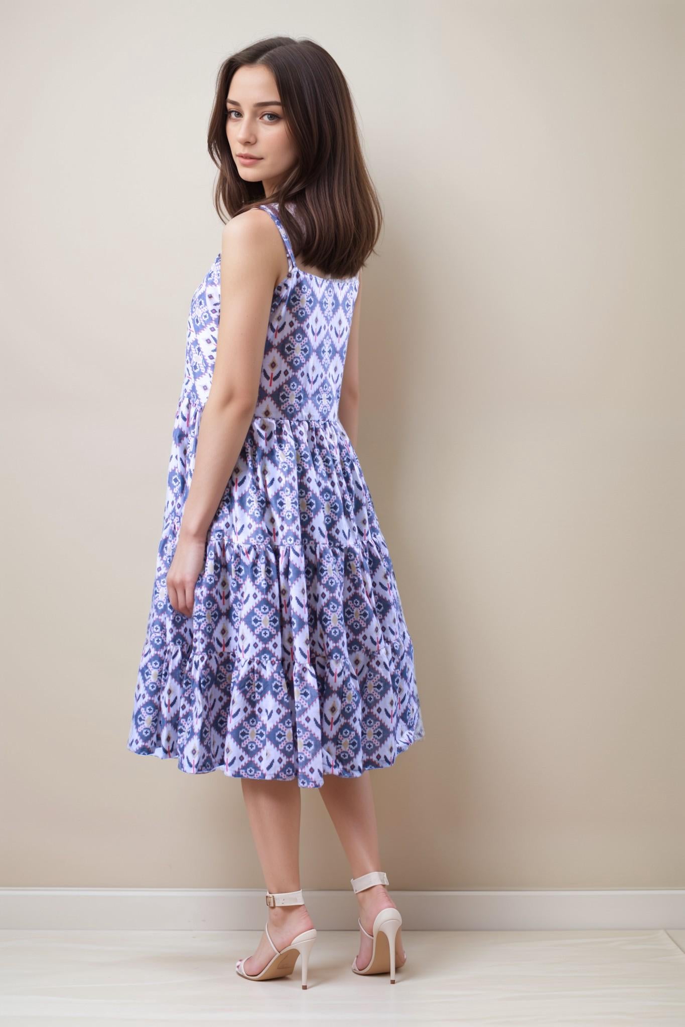 Grey Patterned Cotton Flare Dress