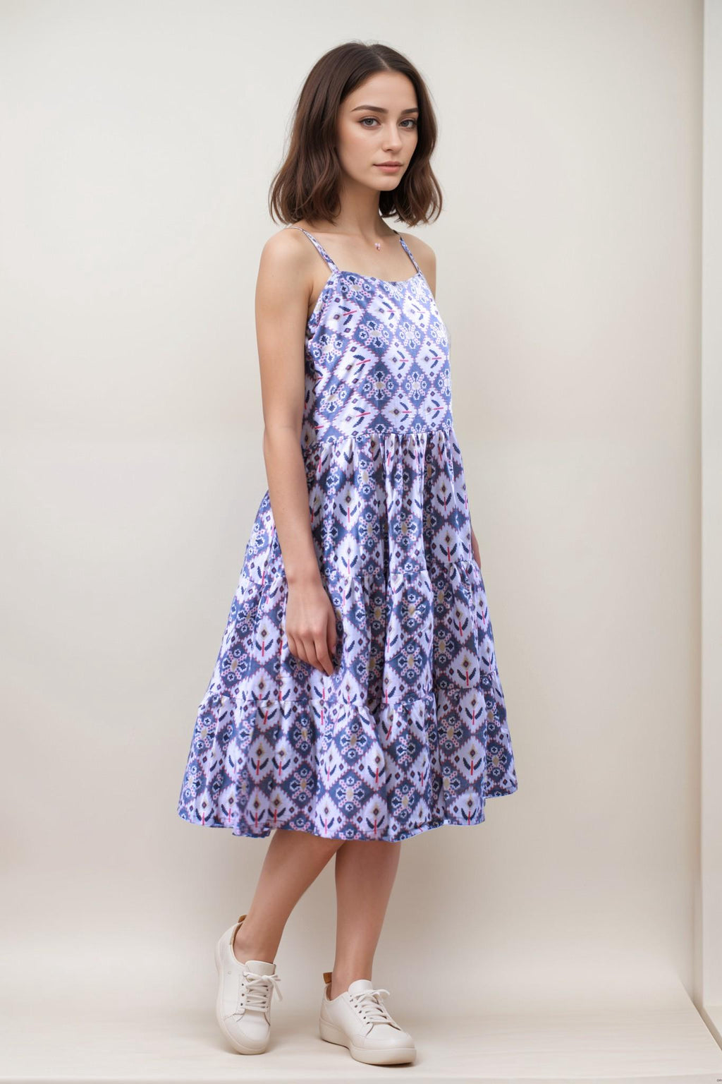 Grey Patterned Cotton Flare Dress