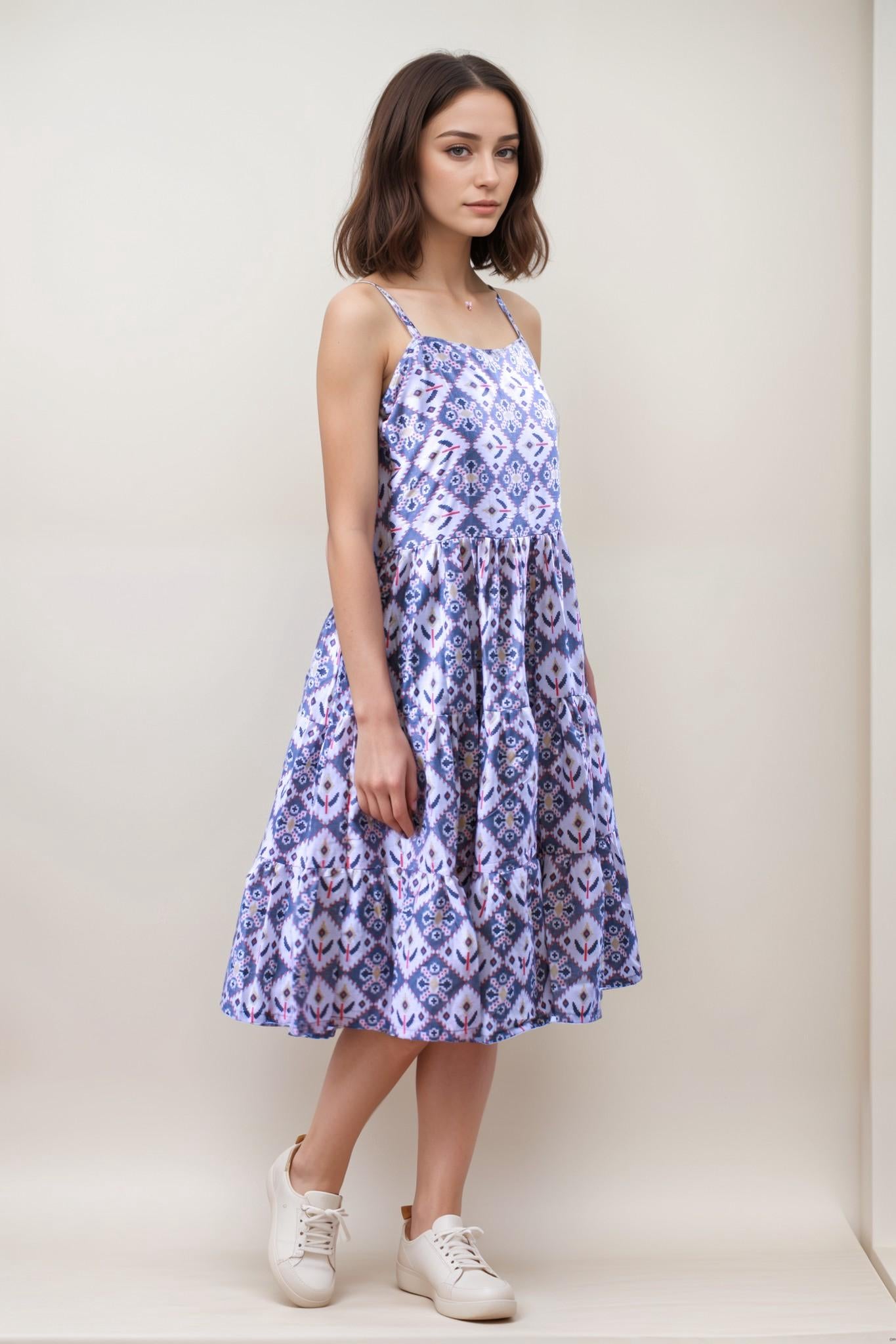 Grey Patterned Cotton Flare Dress