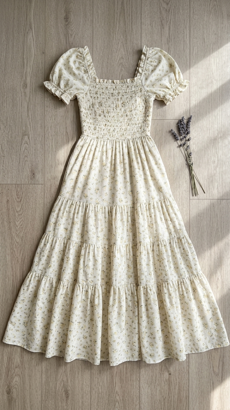 Floral Smocked Short Puff Sleeve Maxi Dress