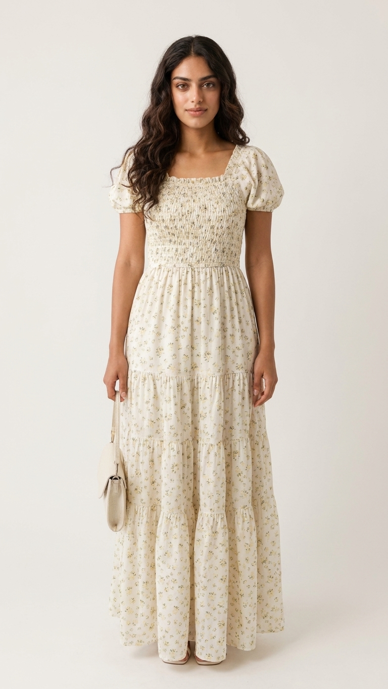 Floral Smocked Short Puff Sleeve Maxi Dress