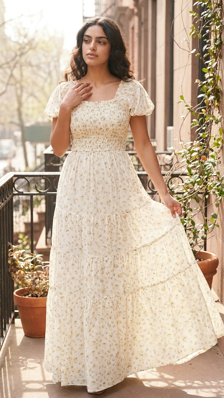Floral Smocked Short Puff Sleeve Maxi Dress