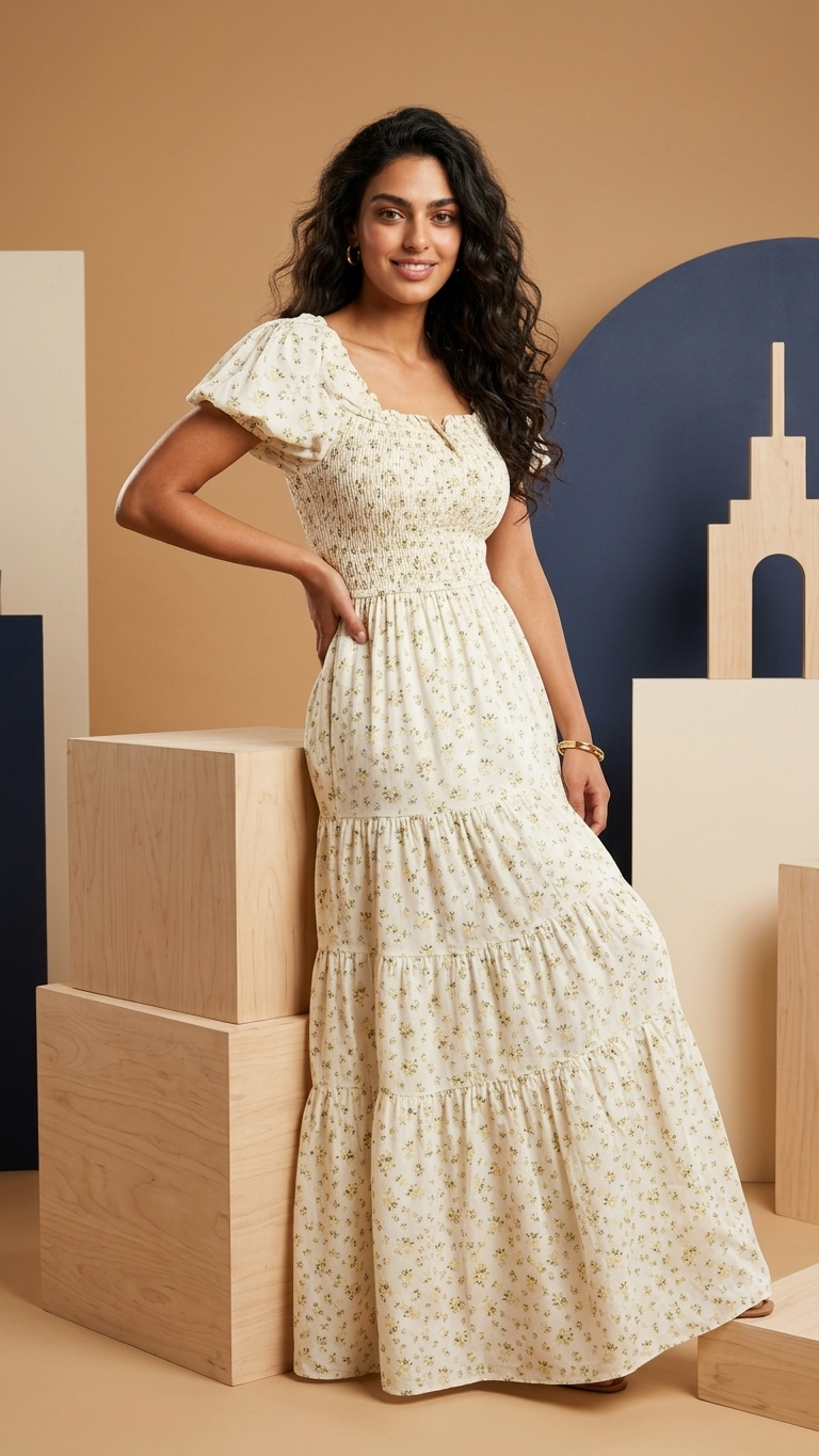 Floral Smocked Short Puff Sleeve Maxi Dress