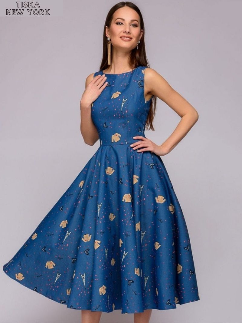 Elegant Blue Tower T-Shirt Printed Mid-length Dress