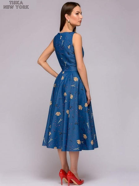 Elegant Blue Tower T-Shirt Printed Mid-length Dress