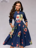 blue floral aline vintage knee length dress zoomed