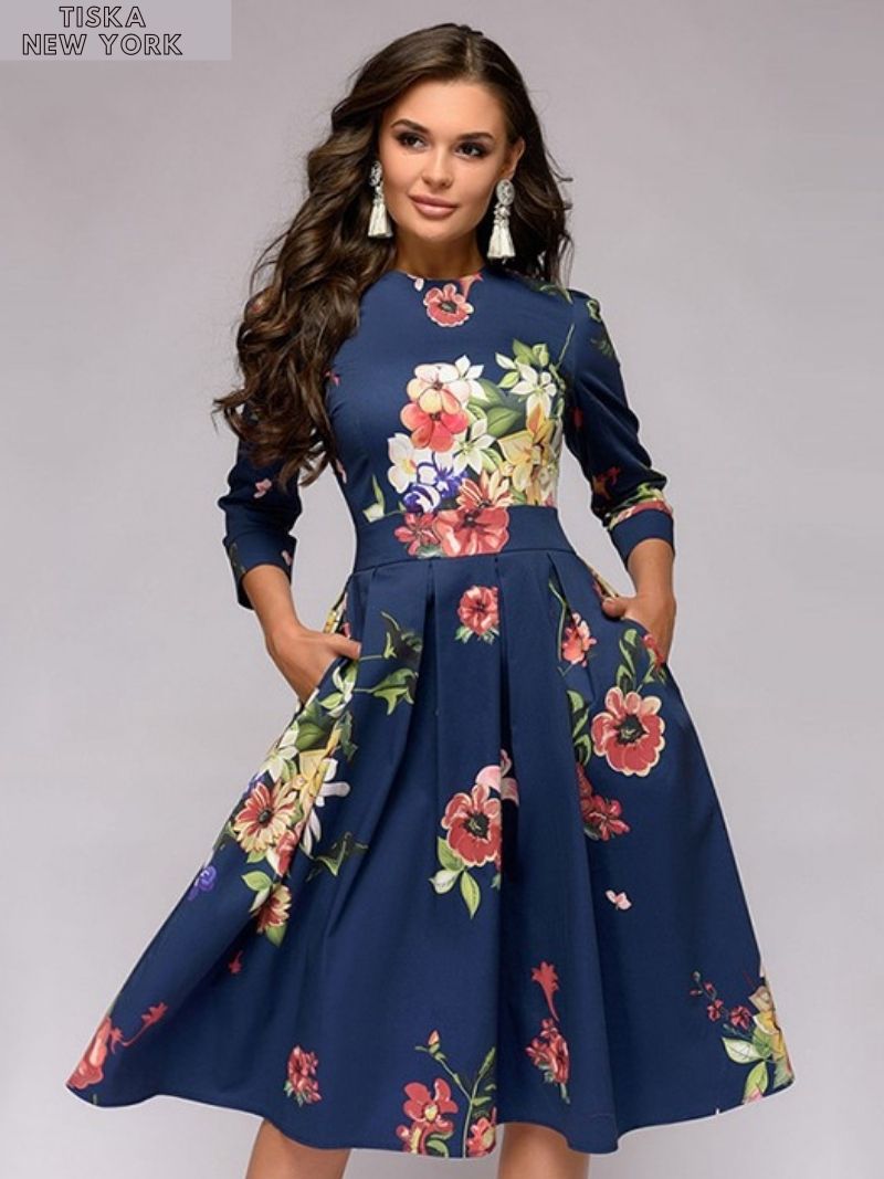 blue floral aline vintage knee length dress zoomed