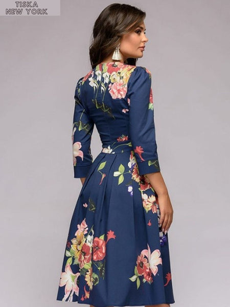 blue floral aline vintage knee length dress sideways