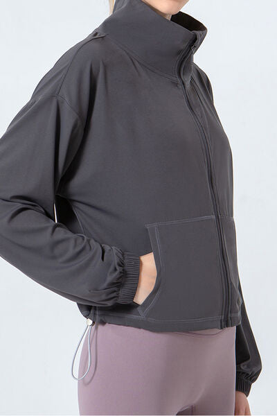 Drawstring Zip Up Dropped Shoulder Active Outerwear