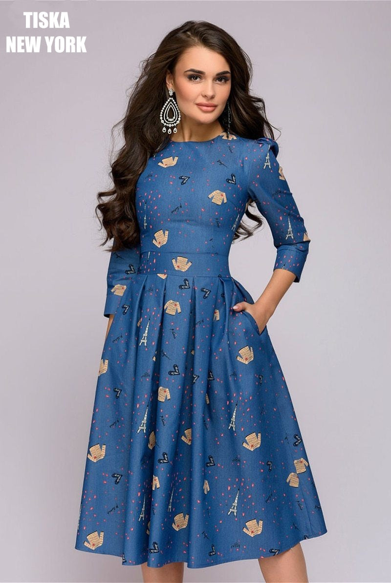 Denim Blue Vintage Printed Dress