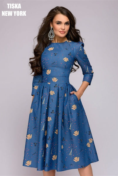 Denim Blue Vintage Printed Dress