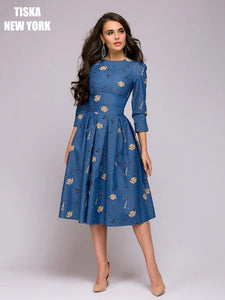 Denim Blue Vintage Printed Dress