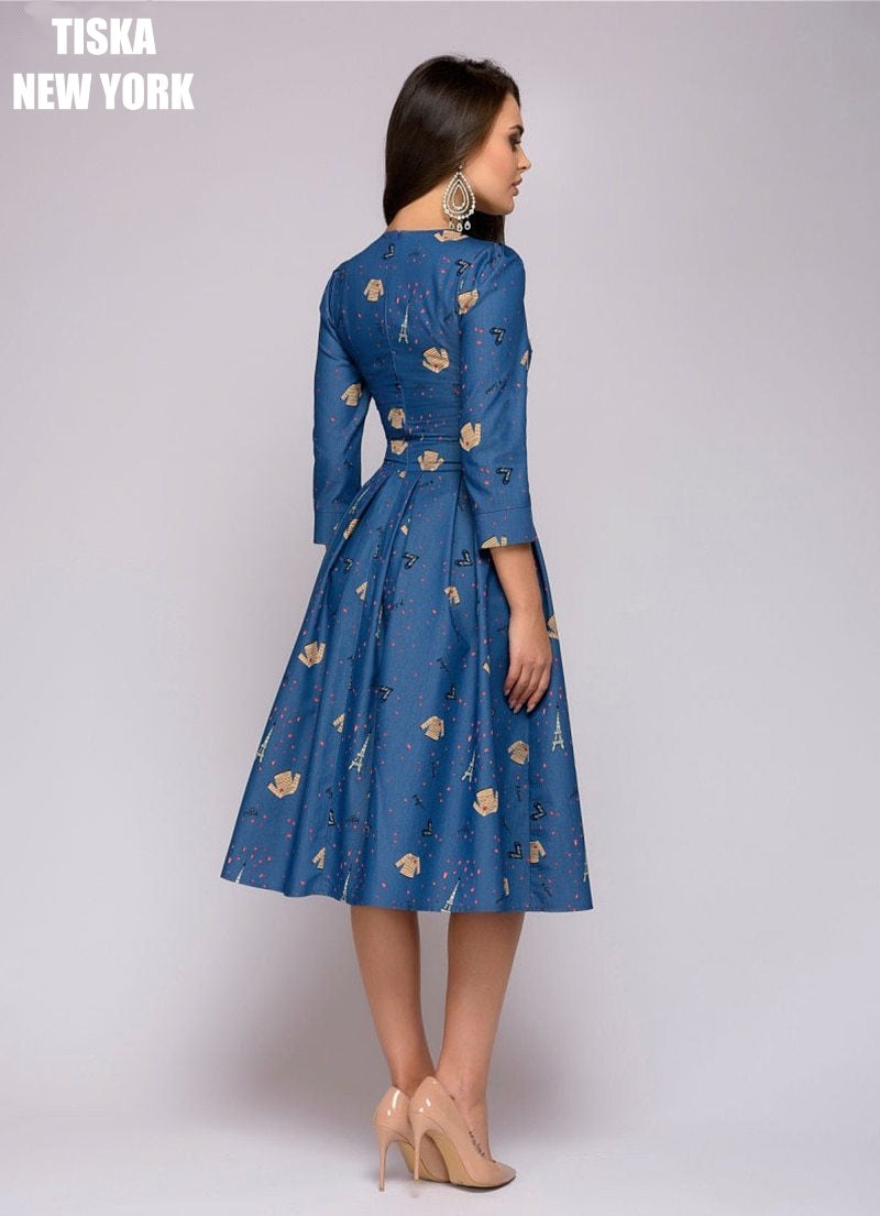 Denim Blue Vintage Printed Dress